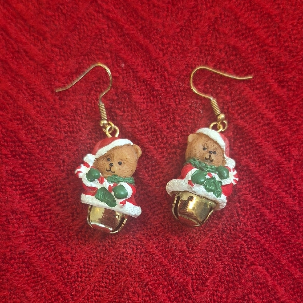 Festive Teddy Bear Earrings with Gold Bells
